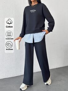 EURMUSE Cotton Fashionable Patchwork Sweatshirt & Sweatpants Set - Navy Blue - View 1
