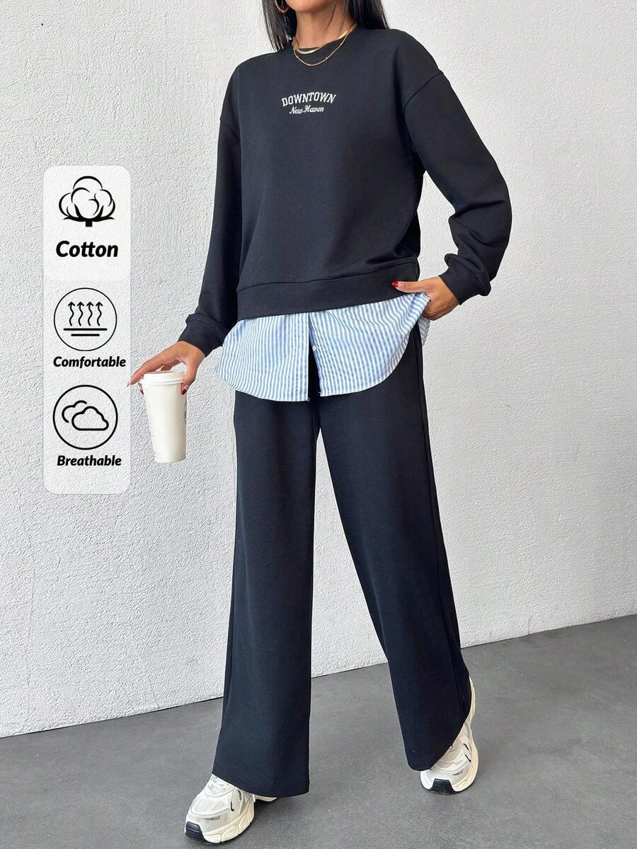 EURMUSE Cotton Fashionable Patchwork Sweatshirt & Sweatpants Set - Navy Blue - View 1