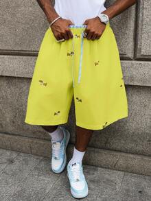 Manfinity Roghcode 男士小狗印花抽绳休闲短裤 - 黃色 - 查看 4