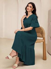 Lacomfia 2025年夏季新款女士V领褶皱A字连衣裙 - 水鴨藍 - 查看 1