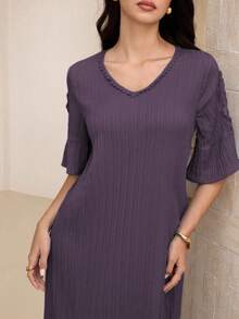 Lacomfia 2025年夏季新款女士V领褶皱A字连衣裙 - 紫色 - 查看 6