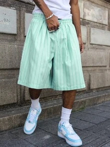 Manfinity EMRG Men's Summer Casual Striped Wide Leg Shorts - Mint Green - View 4