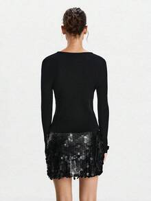 SHEIN X Jwoww Lumivelle 女士圆领镂空修身百搭长袖毛衣，适合通勤和度假，秋冬季 - 黑色 - 查看 2