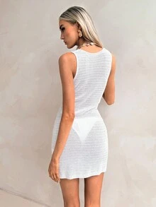 Swim Chiccia Đầm hở vai không tay cổ chữ V khoét sâu họa tiết kim loại trơn màu dành cho nữ - trắng - Xem 2