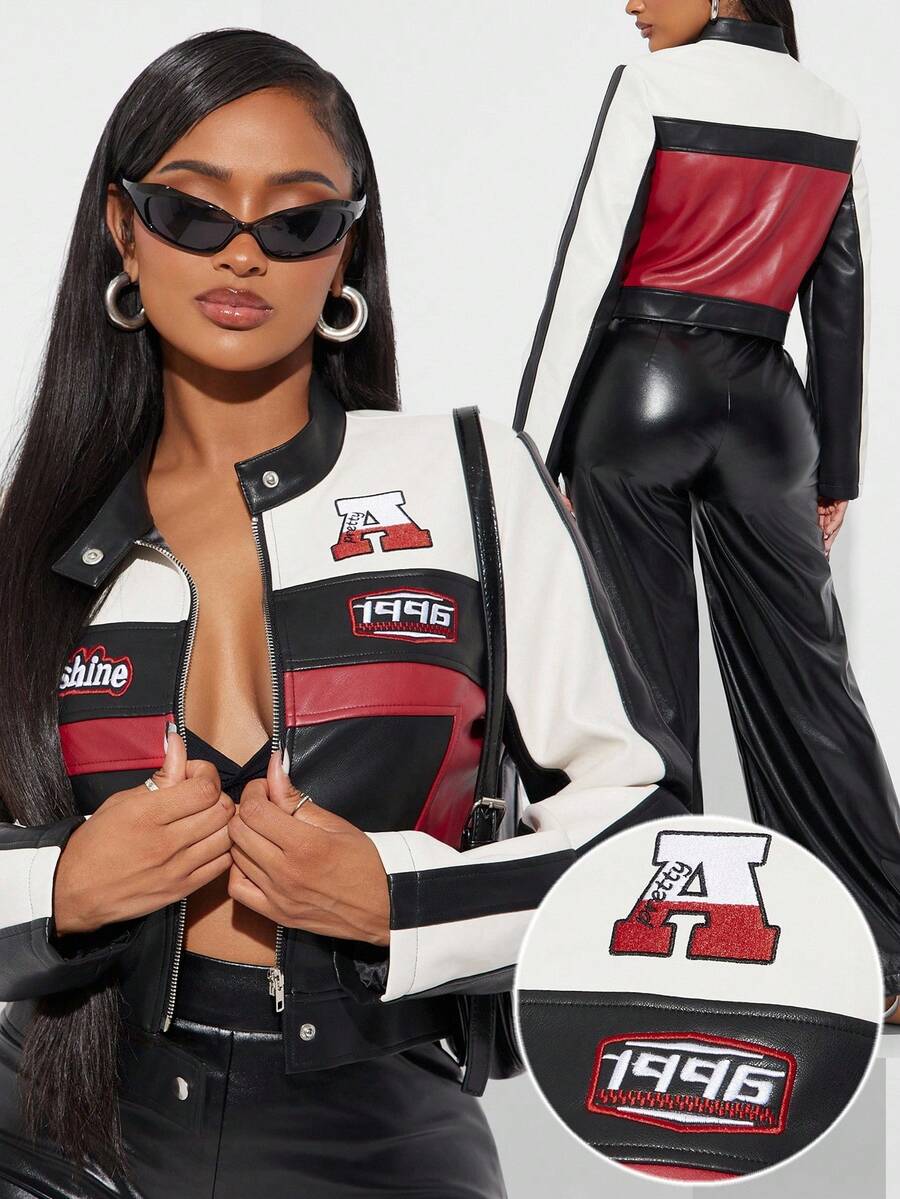 Radiana Amerikanischer cooler Patchwork- & Kontrastfarben-Motorradjacke mit Stickerei, Damen Sommer Rennwagen Rennmotorrad Jacke für Herbst/Winter