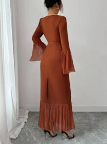 Elenzga Vestido de mujer de cuello en V con mangas de campana, con pliegues en la cintura y parches de malla, de estilo largo adecuado para fiestas, compras, festivales de música, primavera/otoño - Marrón - Ver 2