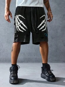 ROMWE MEN Anime Men's Dark Skull Hand Print Drawstring Waist Pocket Washed Shorts - Black - View 5