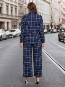 SHEIN Clasi Plus Size Women's Suit Set,Elegant Blazer Jacket And Long Pants Outfit,Plaid,Navy Blue,Summer,Office Wear,Commuting,White,Spring,Autumn,Winter,Pockets - Blue and White - View 2