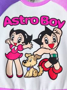 Astro Boy X SHEIN 2pcs/Set Young Girl Cartoon Figure Graphic Contrast Color Patchwork Crew Neck Long Sleeve Sweatshirt And Sweatpants Outfit - Pink - View 5