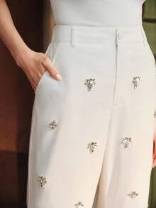 Anewsta Petite Women's Fashionable Minimalist Luxury Heavily Embellished Slim-Fit Flared Dress Pants, Suitable For Evening Dress And Festivals - White - View 1
