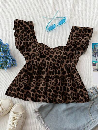 Soleia Blusa sin mangas de estilo bata con cuello cuadrado y estampado de leopardo, adecuada para el verano