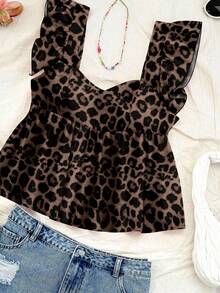 Leopard Print Women's Vacation Casual Square Neck Cap Sleeve Babydoll Sleeveless Blouse, Suitable For Summer Chic Blouses For Women - Multicolor - View 4