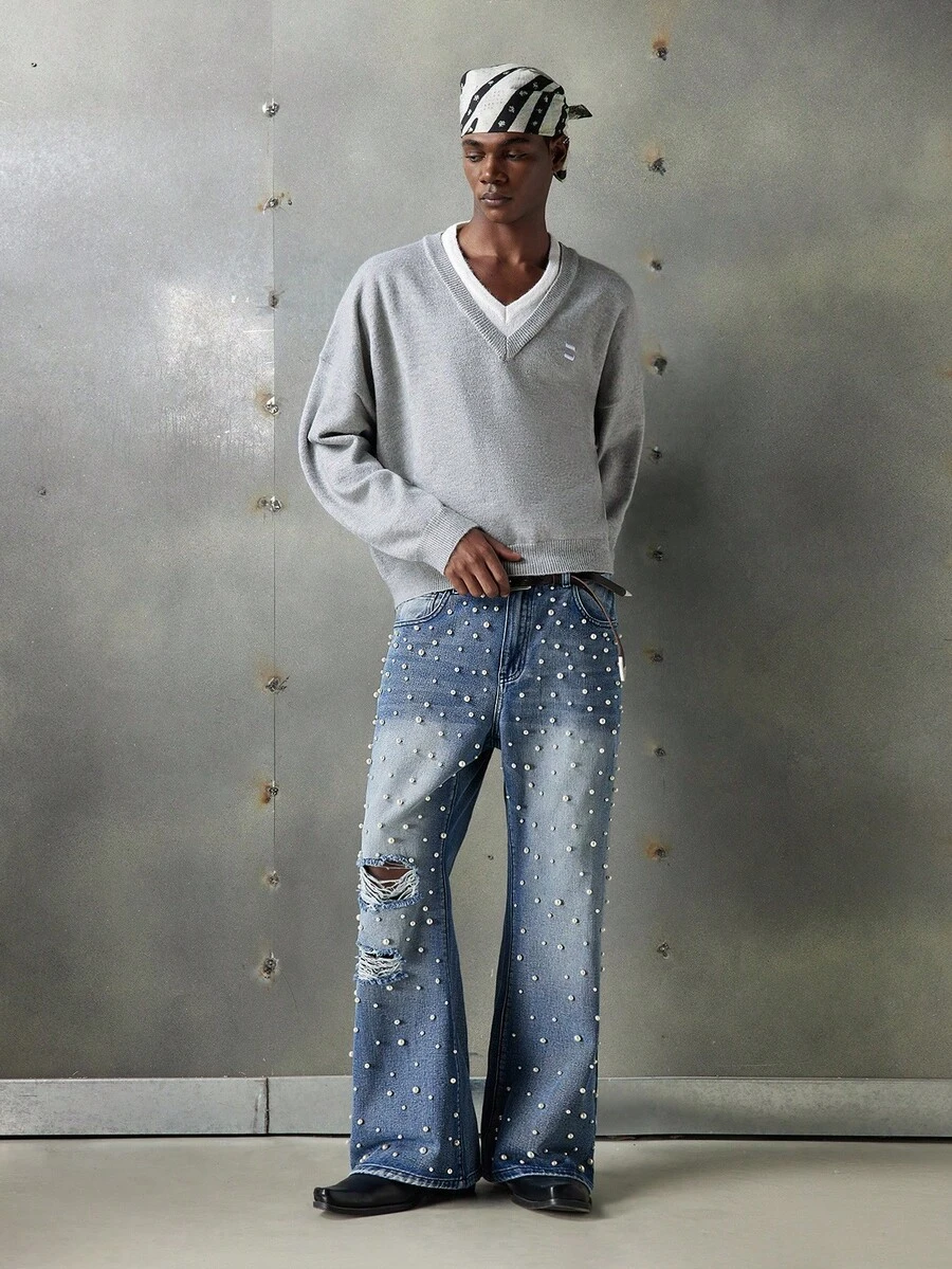 NEON BLANC Men's Casual Versatile Contrast Collar 2 In 1 Knit Top , Fall Winter - Grey - View 1