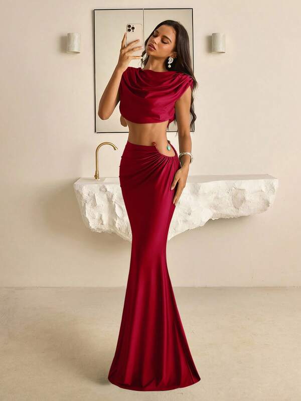 Vowa 2 piezas Elegante falda larga de sirena con escote pronunciado, hombros anchos de punto elástico rojo, con decoración de cuentas metálicas con láser, adecuado para citas, vacaciones, conciertos, graduaciones, bodas, té de la tarde, ocasiones formales