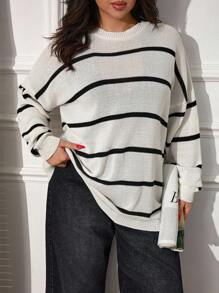 SHEIN Cottnline Plus Size Women's Crew Neck Striped Contrast Color Casual Loose Sweater - Black and White - View 5