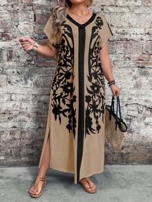 EMERY ROSE Spring Women Plus Size Colorblock Floral Print Short Sleeve Dress