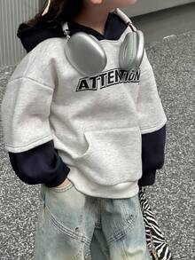 DAZY Young Girl Hooded Artistic English Print Contrast Color Long Sleeve Sweatshirt Fall/Winter - Grey - View 4