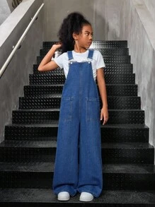 SHEIN Tween Girls Casual Solid Washed Loose Sleeveless Strappy Wide Leg Denim Jumpsuit Overalls Straight Leg Pants Without Tee,Girls Back To School Homecoming Outfits,Solid Color Elegant & Simple & Versatile Flare Pants, Fall Autumn Winter Clothes Outfits,Kids Back To School Streetwear Outfits,Comfortable And Versatile, For 8-12 Years Old Girls, Suitable For School, Home And Travel, Wide Leg Denim Overalls, Teen Wide Leg Overalls Denim, Teen Girl Overalls, Jean Overalls