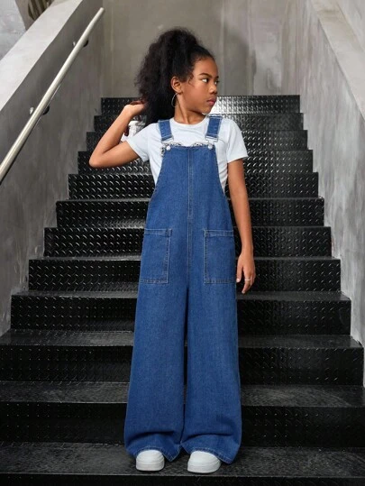 SHEIN Tween Girls Casual Solid Washed Loose Sleeveless Strappy Wide Leg Denim Jumpsuit Overalls Straight Leg Pants Without Tee,Girls Back To School Homecoming Outfits,Solid Color Elegant & Simple & Versatile Flare Pants, Fall Autumn Winter Clothes Outfits,Kids Back To School Streetwear Outfits,Comfortable And Versatile, For 8-12 Years Old Girls, Suitable For School, Home And Travel, Wide Leg Denim Overalls, Teen Wide Leg Overalls Denim, Teen Girl Overalls, Jean Overalls