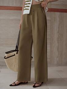 MOTF PREMIUM PANTALONES DE PIERNA ANCHA CON PLIEGUES, BOLSILLOS SESGADOS Y CINTURA CON CORDÓN - Café integral - Ver 6