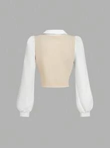 SHEIN MOD Áo sơ mi màu đen trắng cổ bẻ tay dài màu tương phản ngực nhún bèo, áo sơ mi đen, áo cánh cài nút, áo sơ mi nữ tay dài, áo sơ mi nữ có cổ, áo sơ mi nữ công sở, áo sơ mi trang trọng, áo sơ mi cổ chữ V - Màu be - Xem 2