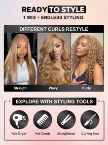 ALL READY WIG 灰蜜金色升级版 13x6 无胶蕾丝前假发 波浪卷发 雷米真人发假发 预剪耳到耳蕾丝假发 皮肤融化 女士适用 - S613/Yellow - 查看 10