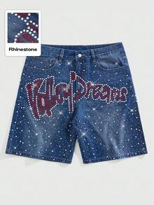 ROMWE MEN Street Life Men's Summer Fashion Rhinestone Letter Graphic Slant Pocket Denim Shorts