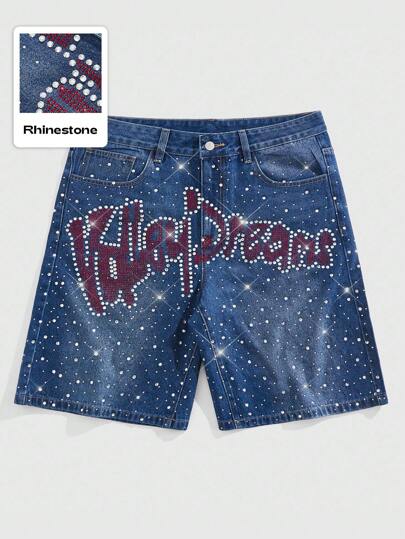 Street Life Short en jean pour hommes à la mode d'été avec poche diagonale et graphique de lettre en strass