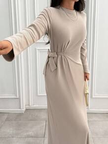 EURMUSE Rib Knit Crew Neck Long Sleeves Knot Detailed Dress Office Beige Autumn Modest Elegant - Grey - View 5