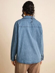 Freevana Áo sơ mi denim màu denim phong cách du mục đã giặt dành cho nữ cỡ lớn - Nhiều màu - Xem 10