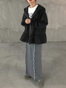 FRIFUL 女士宽松连帽夹克，金属拉链装饰，荷叶边下摆，纯色夹克，Y2K荷叶边夹克，黑色夹克，超大款夹克，女士外套