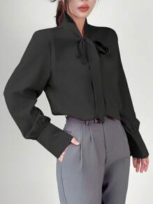 Uhlyne 纯色优雅长袖纽扣衬衫，长袖上衣 - 黑色 - 查看 7