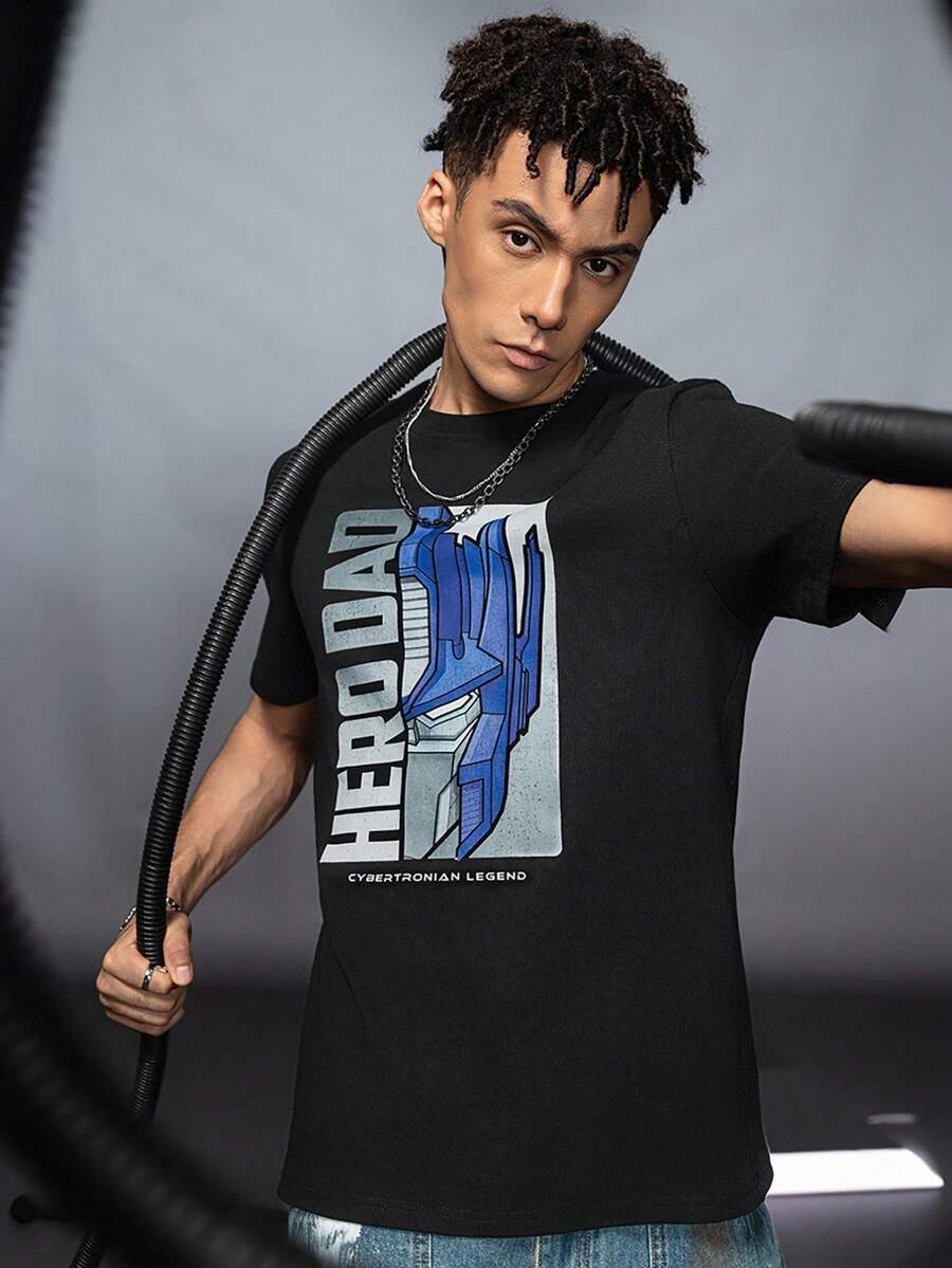 Transformers X SHEIN Men's Letter Graphic Round Neck Short Sleeve T-Shirt, Summer - Black - View 1