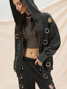 Easelle Women's Vintage Black Autumn Streetwear Everyday Fashion Western Style Grommet Sweatshirt & Pants Set,Wash Water Metal Eyelets Hoodies Fall Winter - Black - View 9