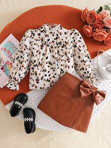 Emery Rose Kids Emery Rose Kids 2 件套少女碎花编织衬衫和 PU 皮革迷你裙套装秋冬装 - 摩卡棕 - 查看 9