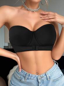 1pc Women's Solid Color Underwear, Small Bust Push Up Bra, Invisible Non-Slip Backless Seamless Bra - Black - View 7