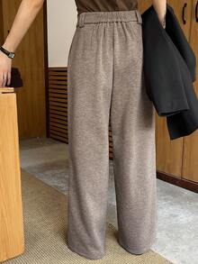 DAZY Women's Loose Solid Color Wool Straight Leg Casual Pants, Thick Autumn/Winter Suit Trousers Fleece Lined Buisness Attire - Brown - View 2