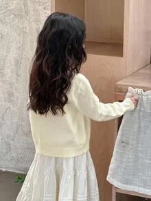 DAZY Young Girls Korean Style Fresh & Cute Bow Contrast Color Long Sleeve Cardigan, Autumn/Winter - Apricot - View 5