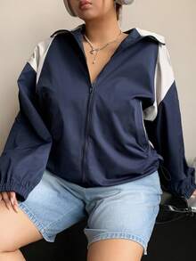 Dazy Plus Color Block Collar Zip Up Loose Fit Plus Size Women Sports Casual Jacket Fall/Winter