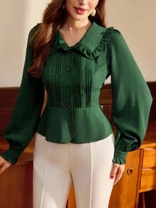 Vintamour Vintage Classic Elegant Women's Blouse, Fitted Ruffle Collar Blouse, Striped Floral Lace Trim Blouse, Long Sleeve Button-Up Blouse, Moss Green - Dark Green - View 1