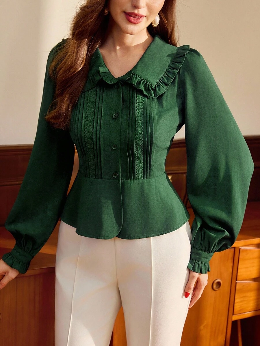 Vintamour Vintage Classic Elegant Women's Blouse, Fitted Ruffle Collar Blouse, Striped Floral Lace Trim Blouse, Long Sleeve Button-Up Blouse, Moss Green - Dark Green - View 1