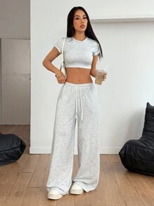 SHEIN PETITE 女士休闲纯色短款 T 恤和裤子两件套，夏季 - 灰色 - 查看 4