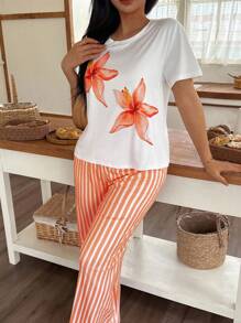 SHEIN 不对称设计女式睡衣套装，采用针织面料和鲜艳的橙色条纹 条纹睡裤 女式碎花睡衣套装 女士夏季睡衣套装 橙色睡衣套装 女士橙色睡衣套装 女士碎花睡衣套装 - 彩色 - 查看 3