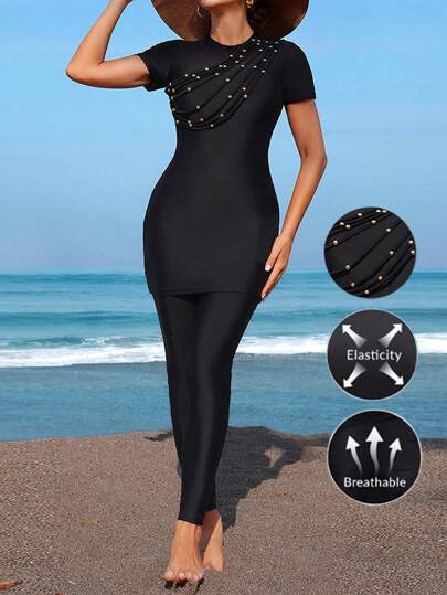 Swim Shayni Nouveau ensemble burkini d'été pour femme, composé d'une robe col rond à manches courtes avec cordon de serrage à la taille ornée de perles et d'un pantalon noir, pour des vacances décontractées