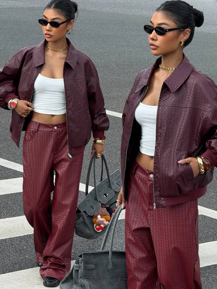 Muchica 女式纯色落肩长袖拉链 PU 皮夹克