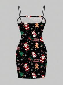 SHEIN EZwear 圣诞雪花和圣诞老人图案休闲简约女士节日派对吊带背心连衣裙 - 白色 - 查看 3