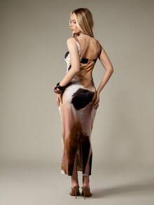 MISSGUIDED Abstract Print Tie Front Satin Midaxi Dress Rushed Bust Fitted Evening Cocktail Special Occasion Glamorous Form Fitting Party Elegant Floor Length Gown