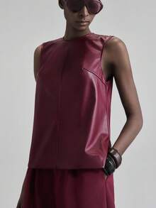 Ontre 都市时尚风格，极简舒适，酒红色，圆领，无袖，休闲装，宽松版型，女士商务休闲通勤上衣，2025 年新款 - 酒紅色 - 查看 5