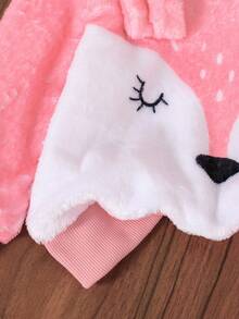 SHEIN 2 件女婴秋冬羊毛狐狸印花圆领运动衫和波尔卡圆点修身裤套装，适合幼儿的可爱休闲保暖服装 - 粉色 - 查看 4