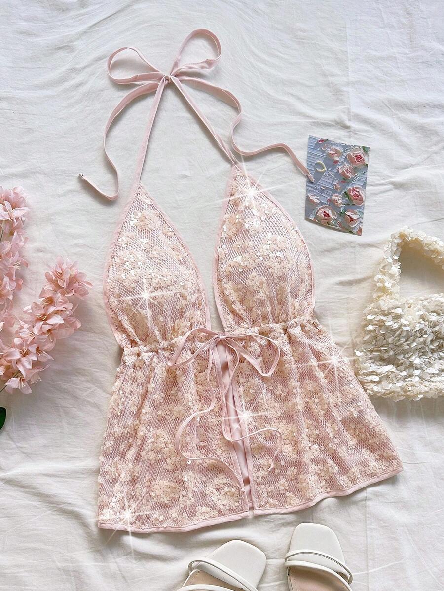 Soleia Women's Fashionable Sexy Sequin Backless Halter Neck Camisole - Yellow - View 1